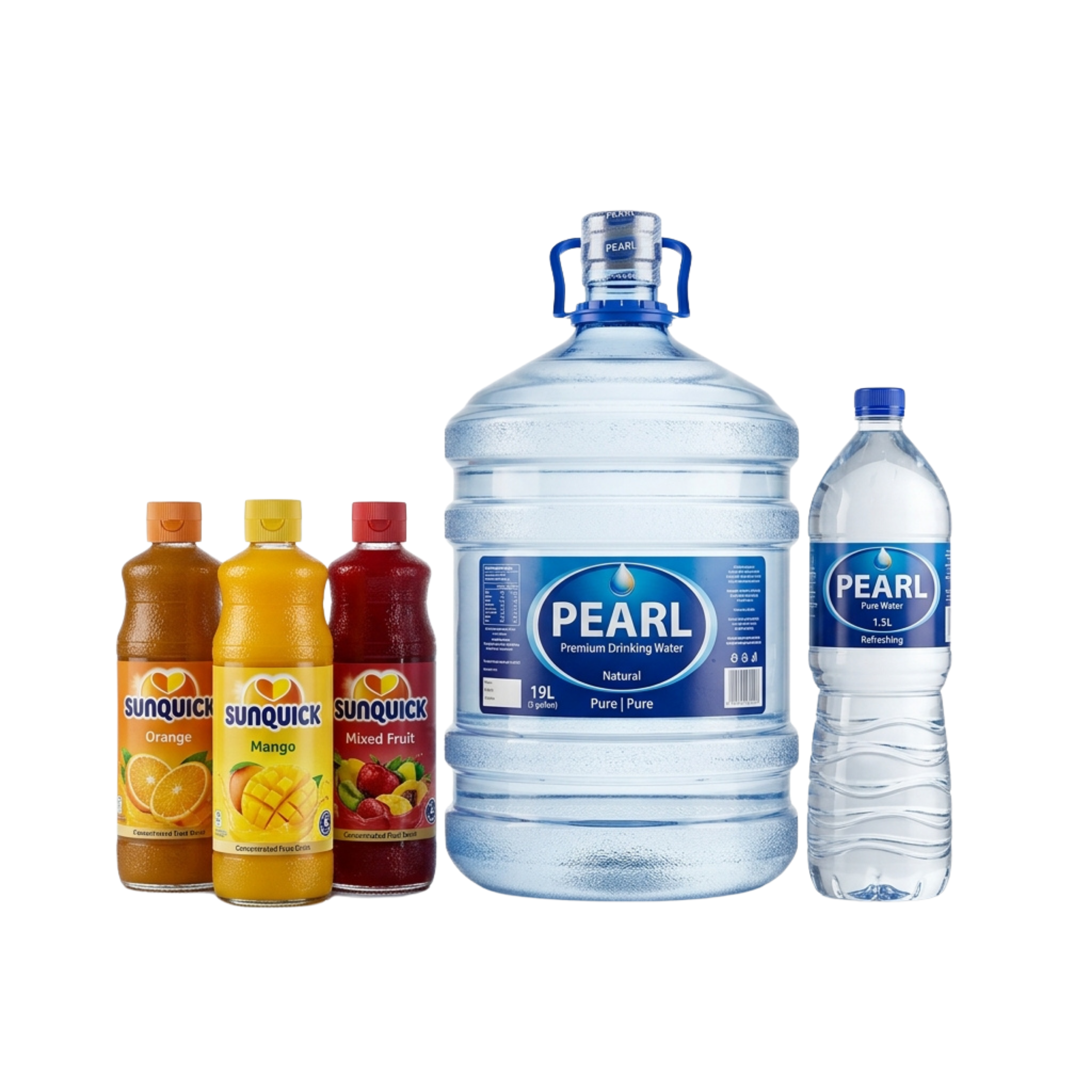 Premium beverage collection featuring Pearl Drinking Water and Sunquick Cordials